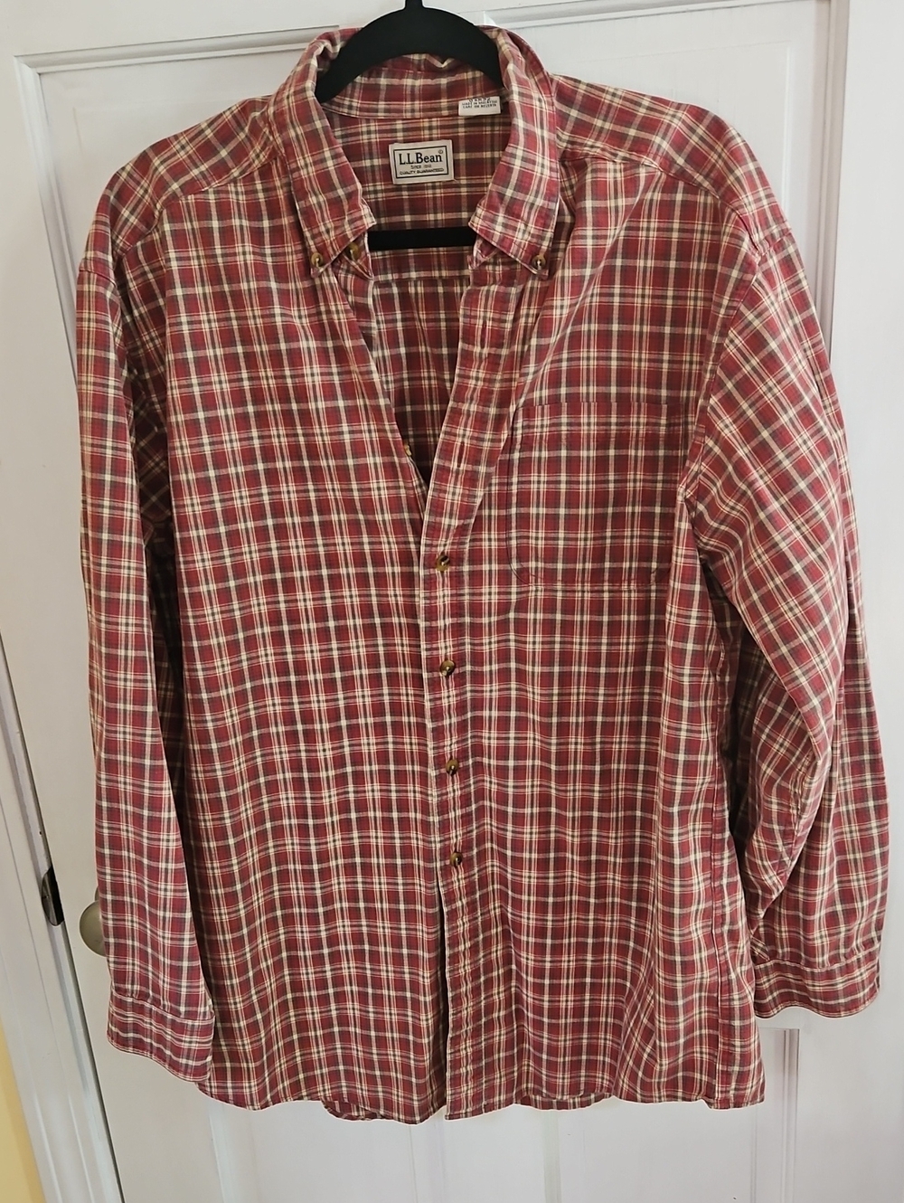 L.L. Bean Men's Red and White Plaid Button-Down Shirt Size Large